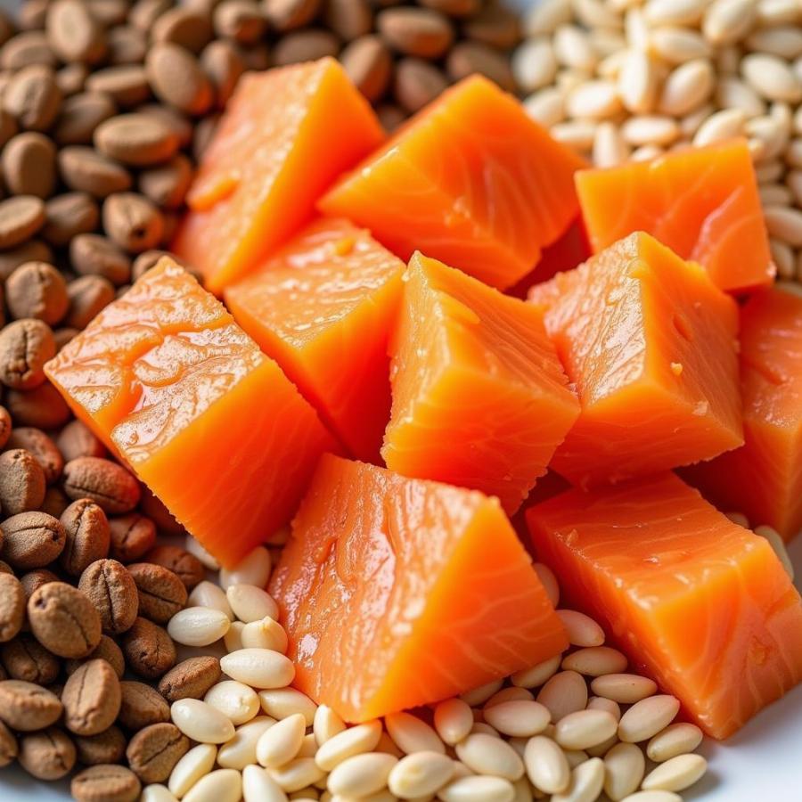 Dog food ingredients close-up: Salmon, sweet potato, and other healthy components of 4health dog food