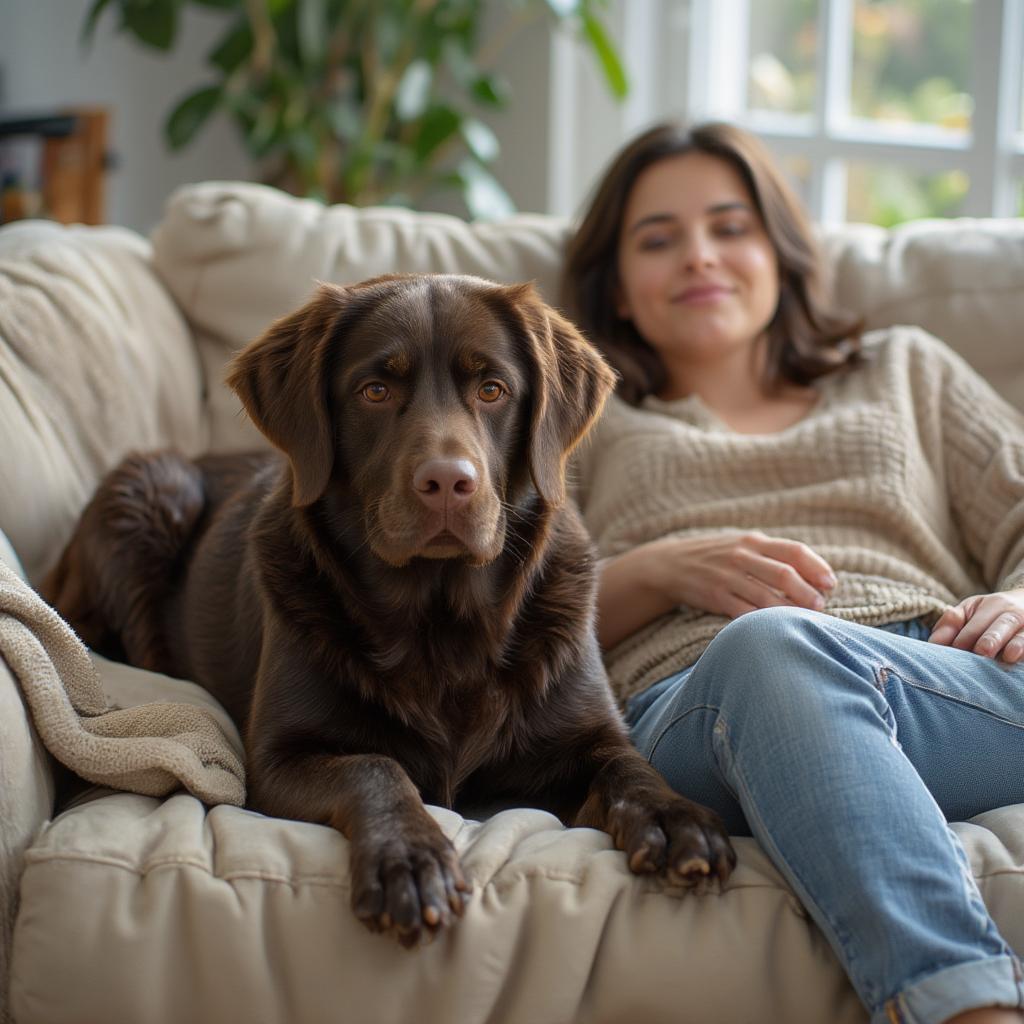 An adopted chocolate lab settling into its new home, cuddling on the couch with its new owner.