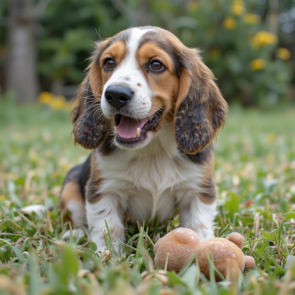 AKC Basset Hound puppy playing outdoors with a toy