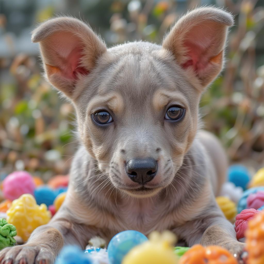 Playful American Hairless Terrier Puppy with Toys