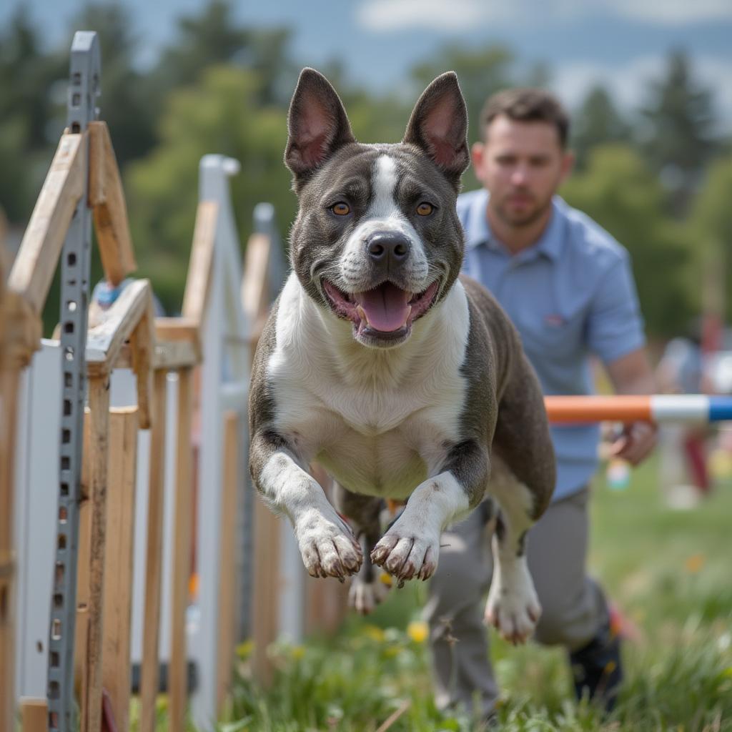 An American Pit Bull Terrier focused and enthusiastically participating in agility training with its handler.