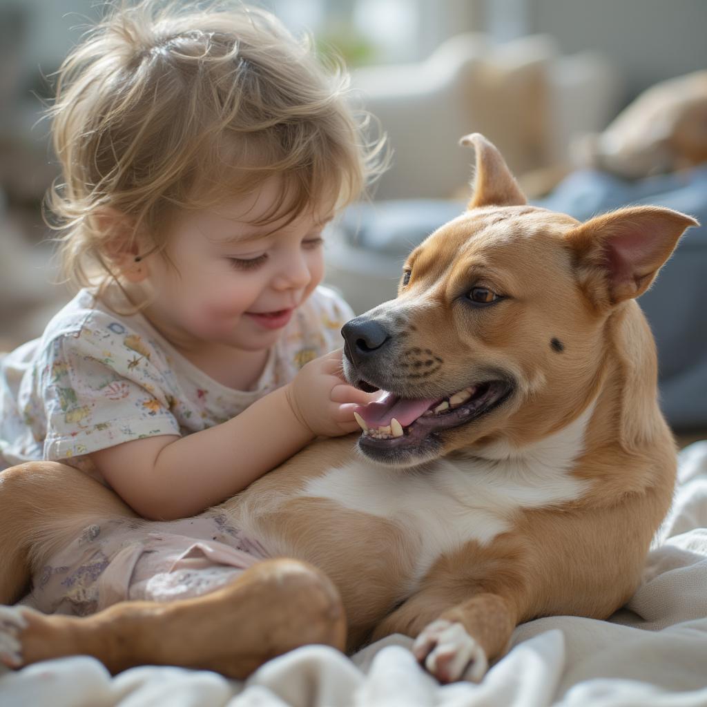 An American Pit Bull Terrier gently playing with a child.