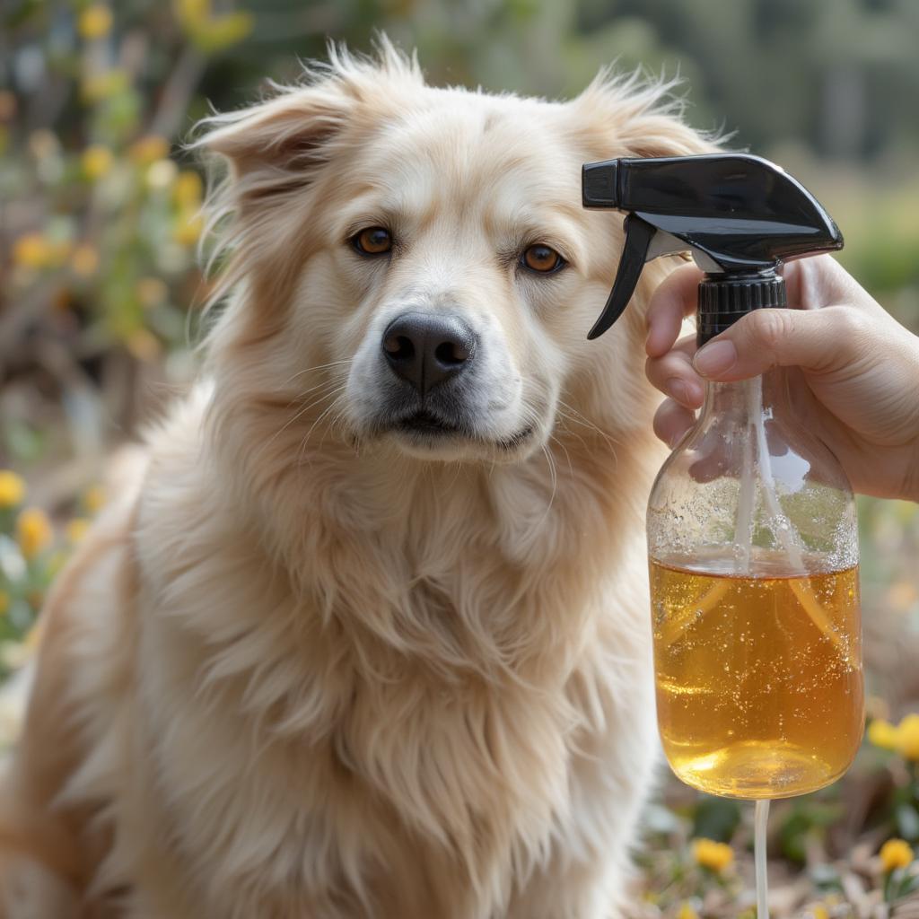 Dog being sprayed with apple cider vinegar for flea and tick control