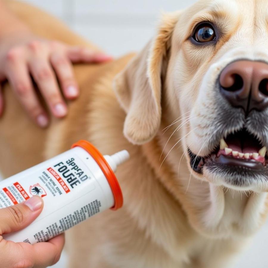 Applying Topical Flea and Tick Medication: A dog owner carefully applying topical flea and tick medication to their dog's skin, demonstrating the proper technique for effective and safe application.