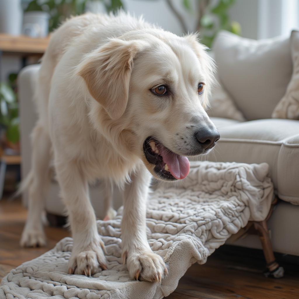 Senior dog with arthritis using ramp to get on couch