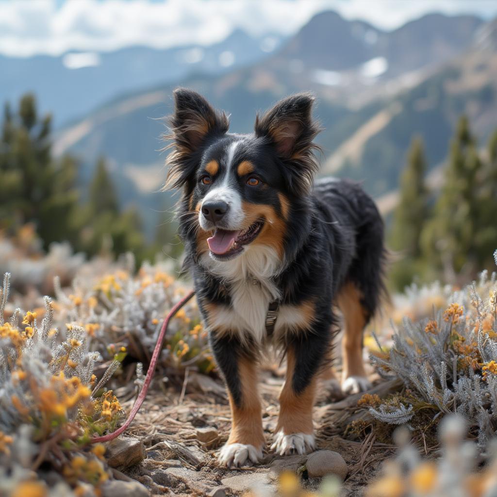 Aussie Bernese Hiking on a Trail