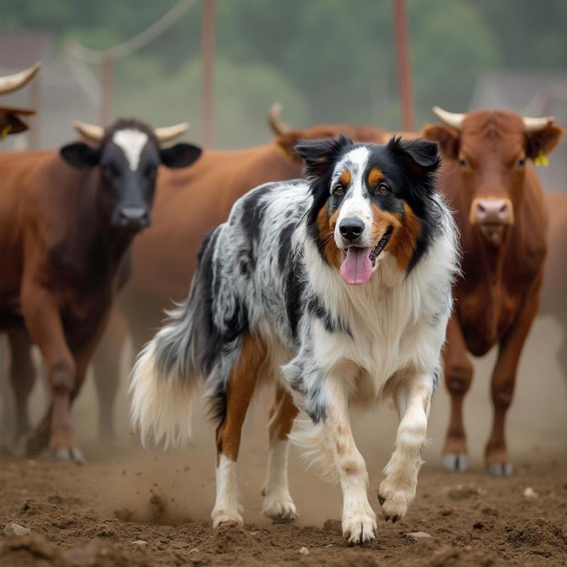 Australian Shepherd herding cattle in a controlled environment