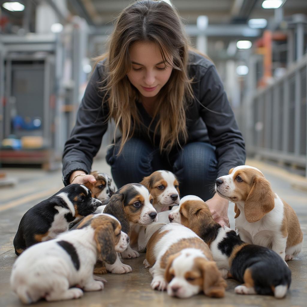 Basset Hound breeder interacting with puppies in a clean environment