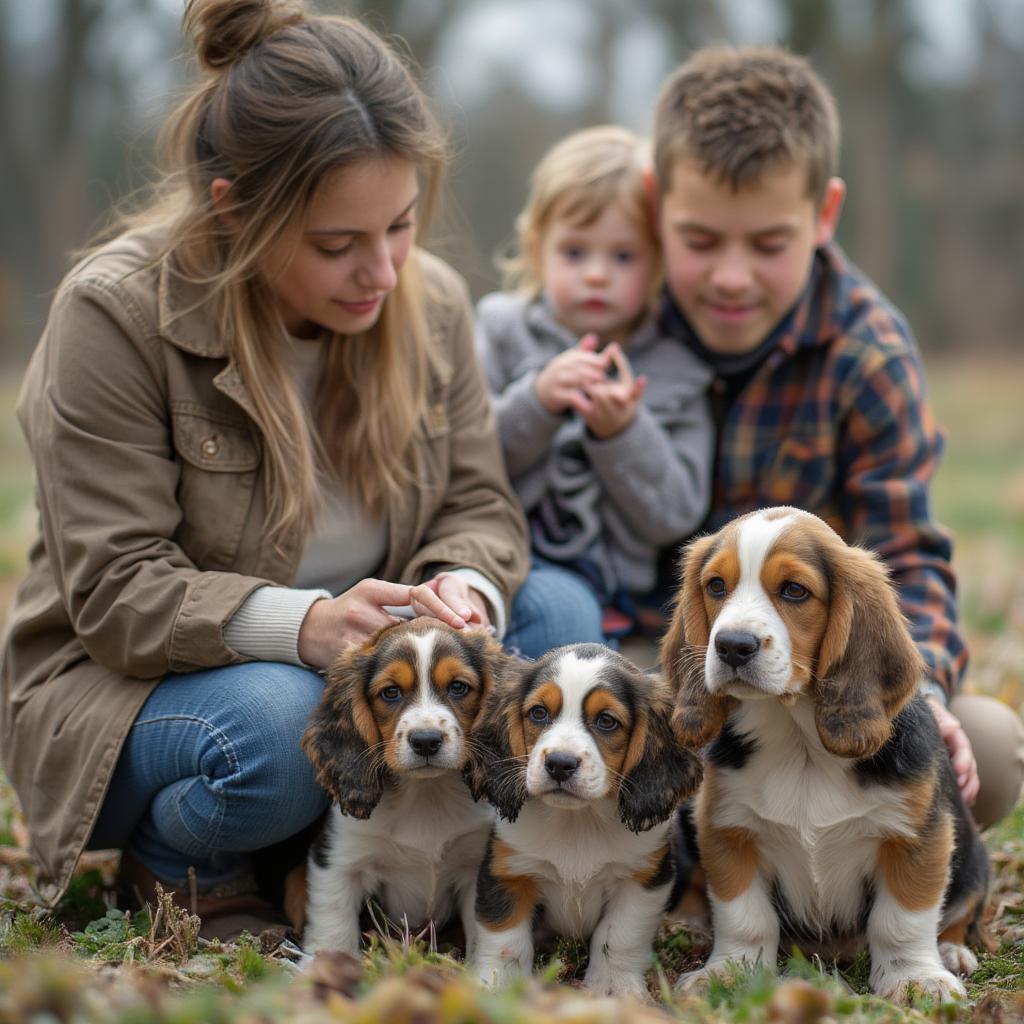 Family Meeting a Basset Hound Breeder and Puppies