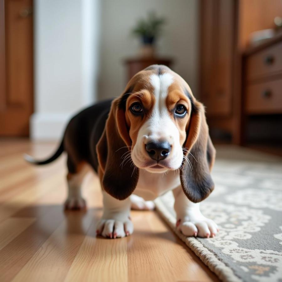 Basset Hound Puppy Exploring New Home