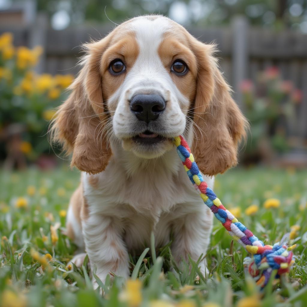 Basset Hound puppy playing with a toy