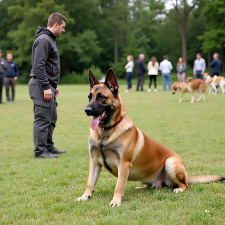 Belgian Malinois demonstrating the "stay" command in an advanced obedience training scenario