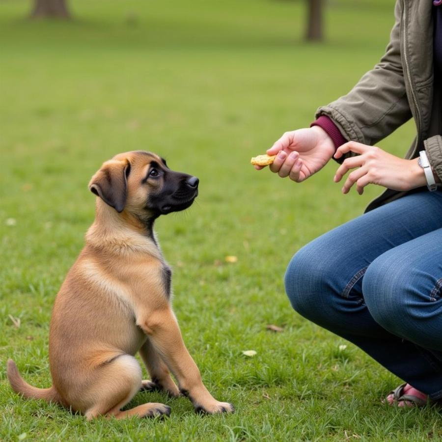 Belgian Malinois learning the sit command during basic obedience training