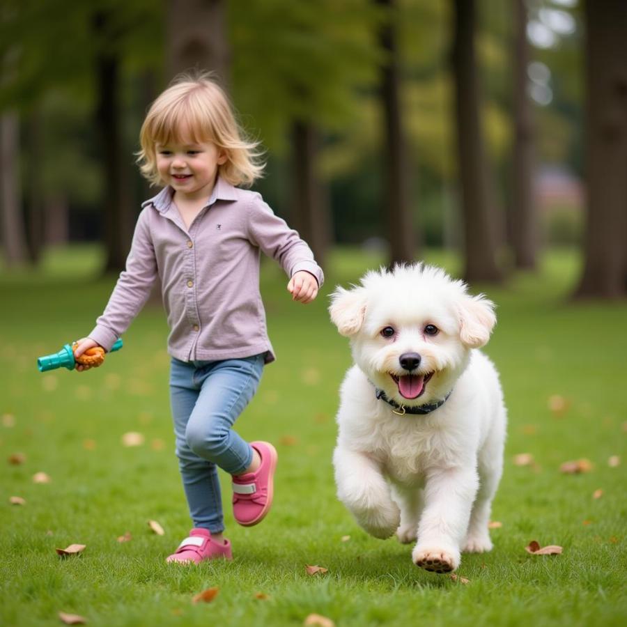 A Bichon Frise interacting playfully with a child