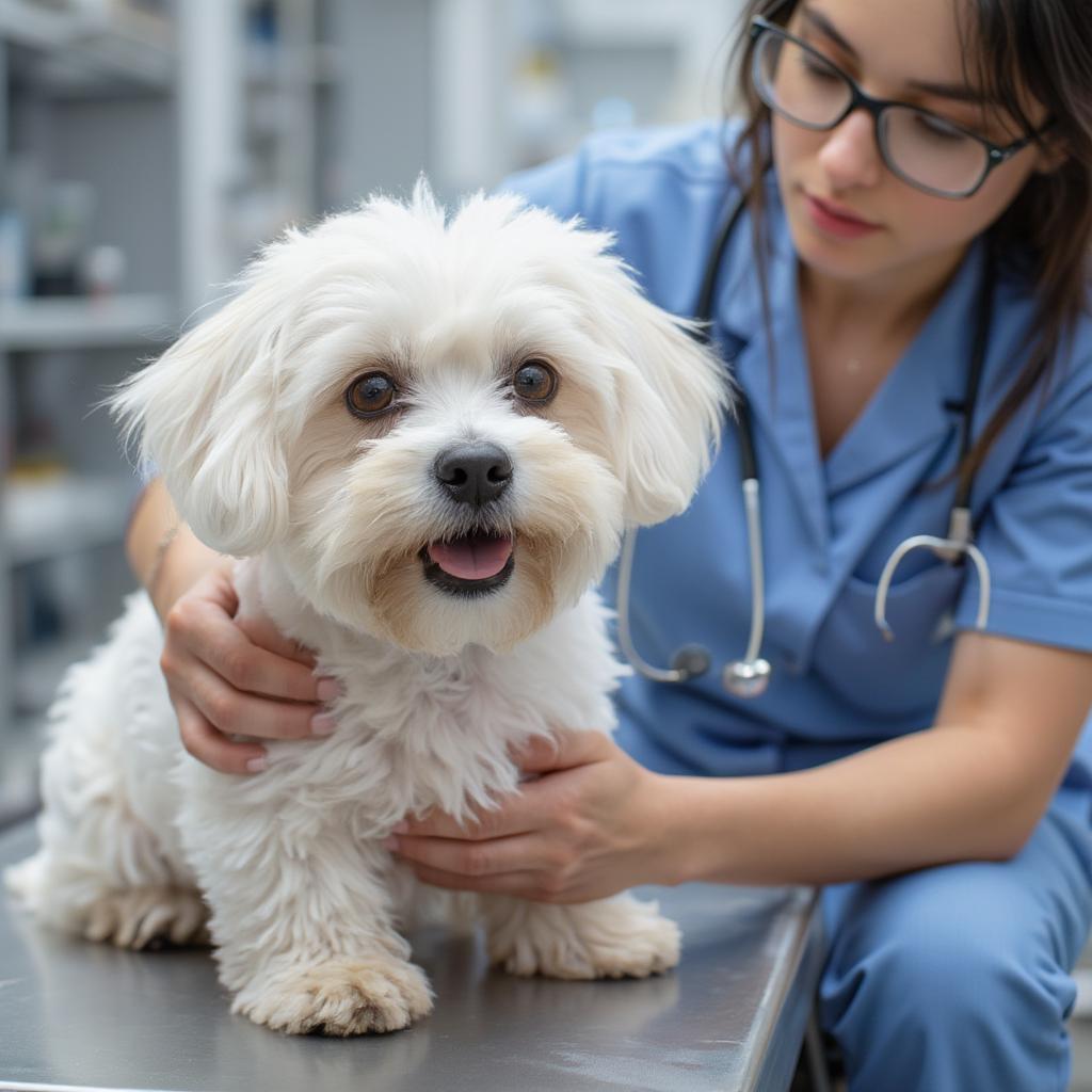 Bichon Frise stud undergoing a health check by a veterinarian.