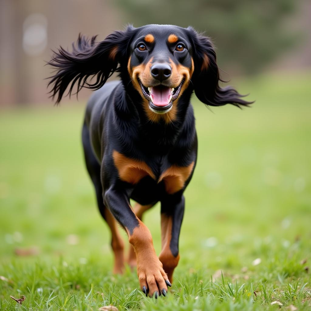 Black and Tan Coonhound Running in a Field