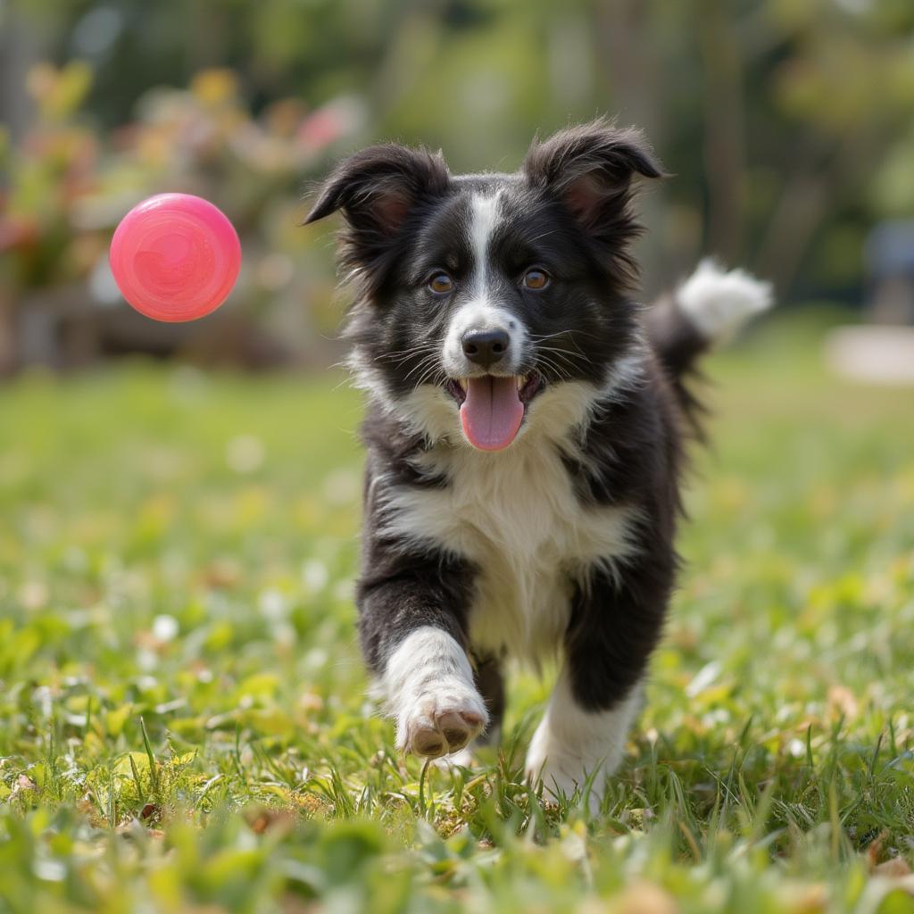 Black and white Australian Shepherd puppy playing fetch in a park