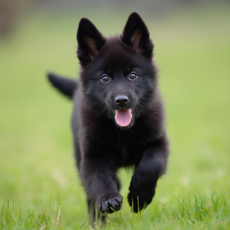 Black Wolfdog Puppy Playing in the Grass