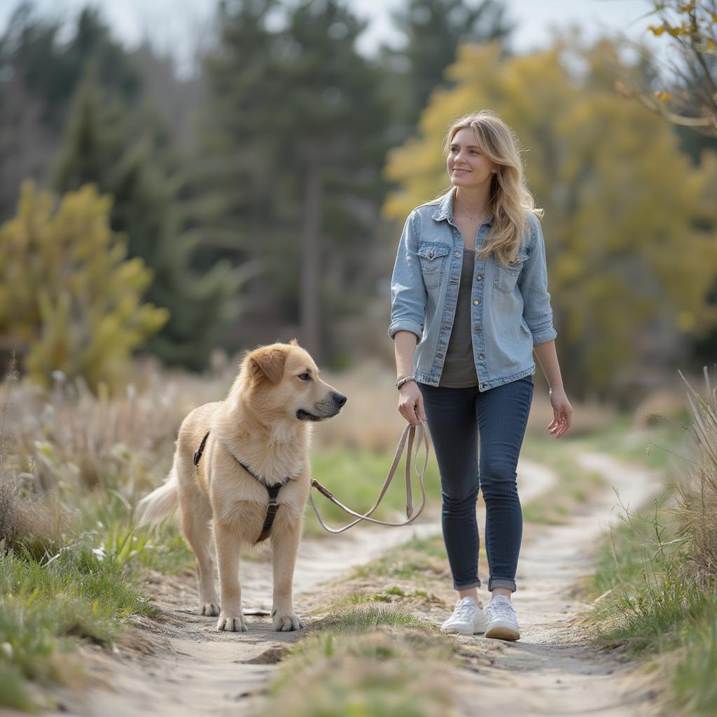 Dog owner projecting calm-assertive energy while walking their dog