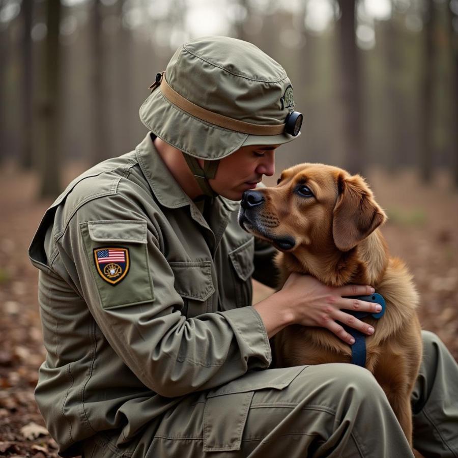 A soldier bonding with a dog