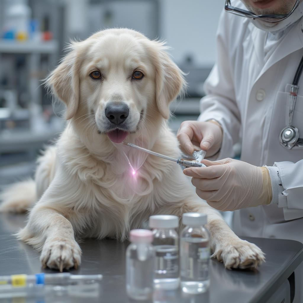 Dog Breeding Insemination Process: A veterinarian performing TCI on a female dog.