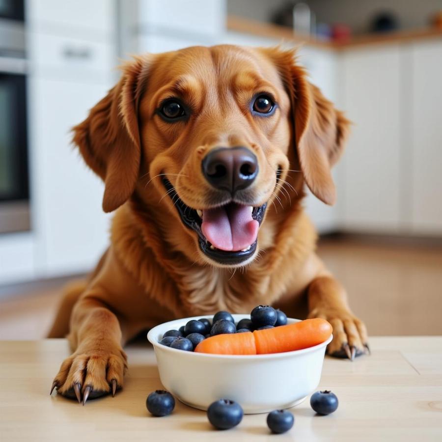 Dog enjoying healthy human foods like carrots and blueberries