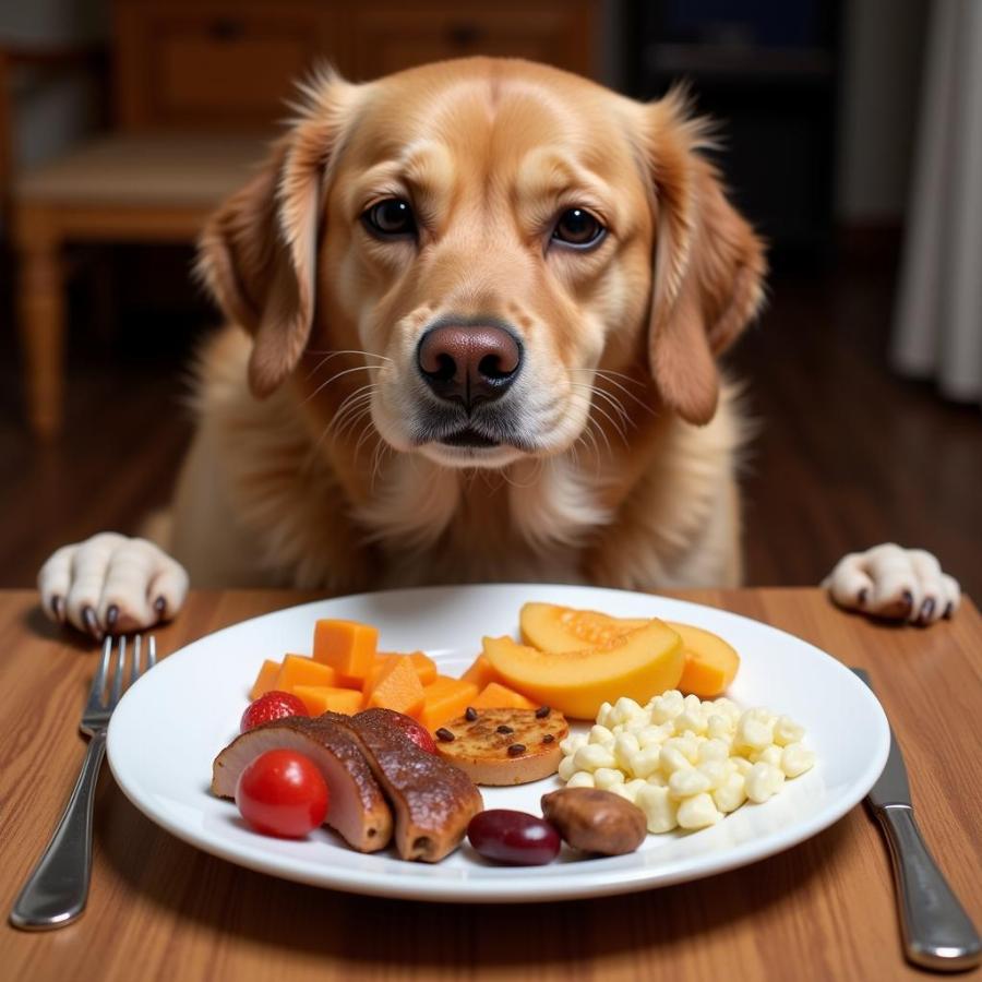 Dog trying to eat forbidden foods from the table, highlighting the importance of knowing what not to feed your dog.