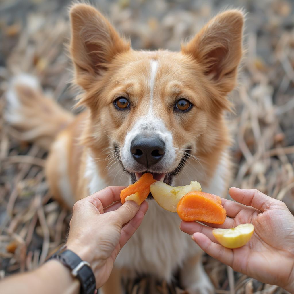 Dog enjoying healthy human treats like carrots and apples.