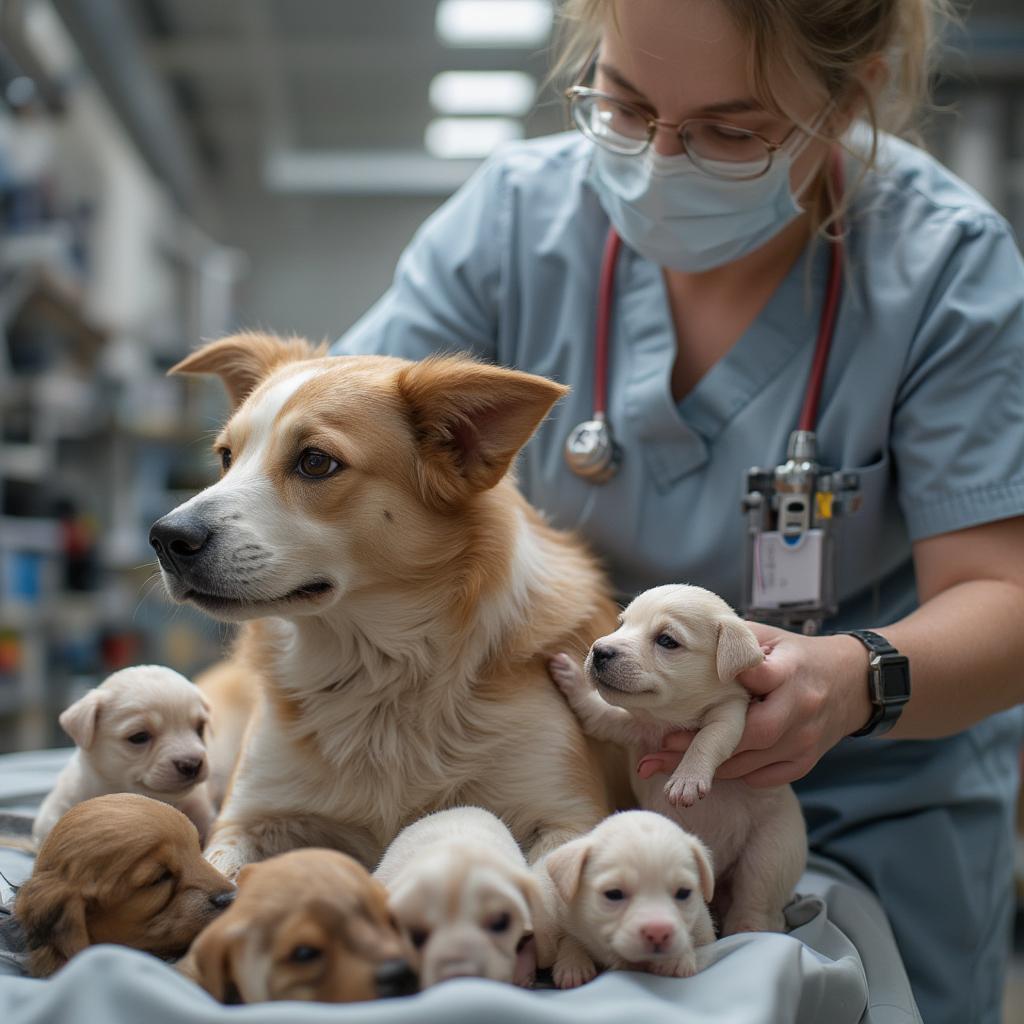 Veterinarian assisting a dog during labor and delivery