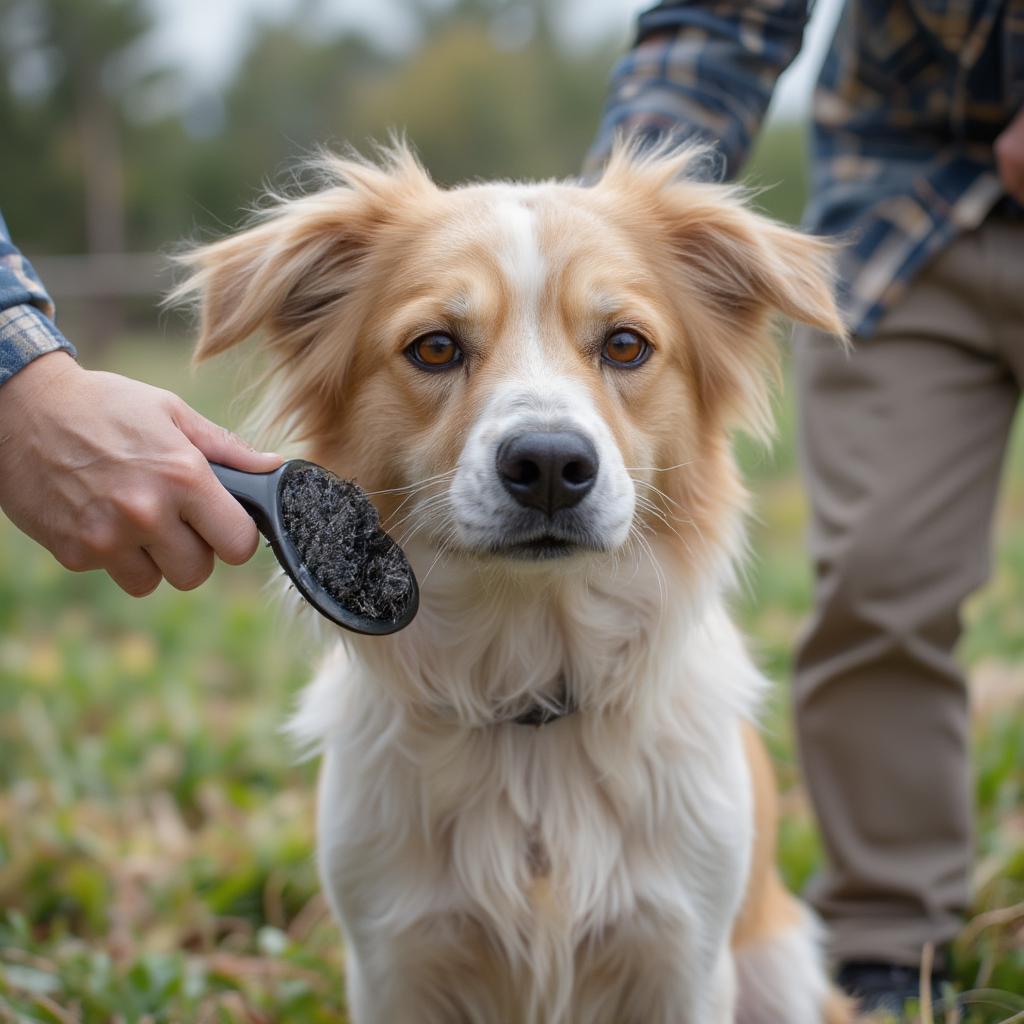 Dog being groomed to prevent fleas and ticks