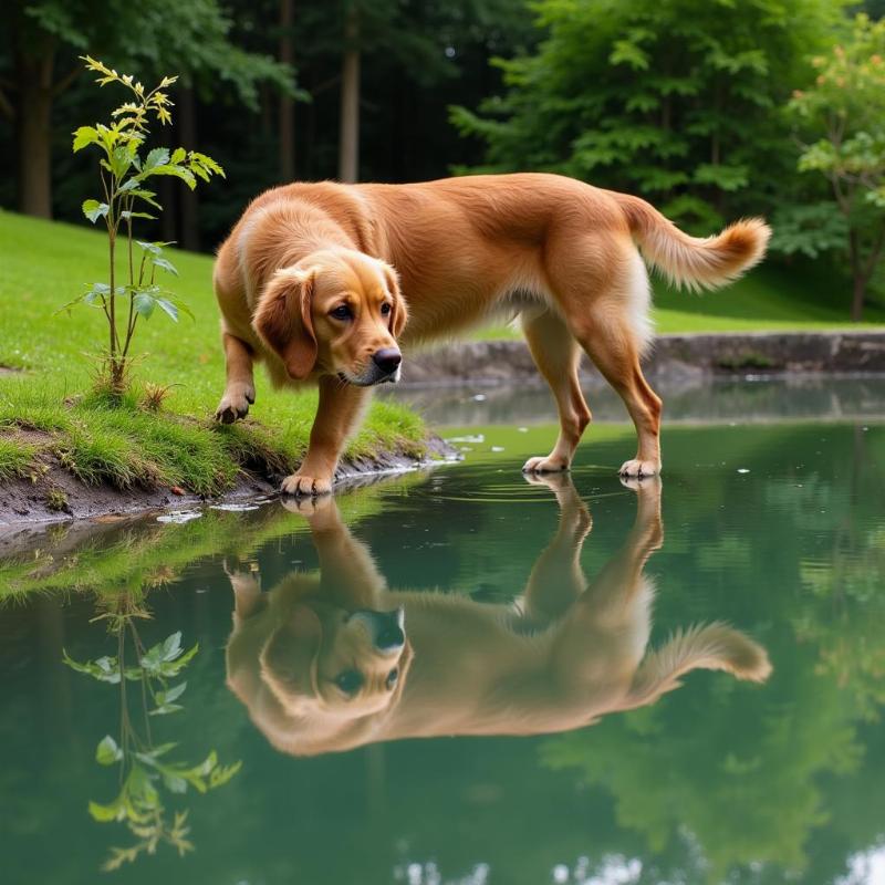 Dog Looking at Its Reflection in Water