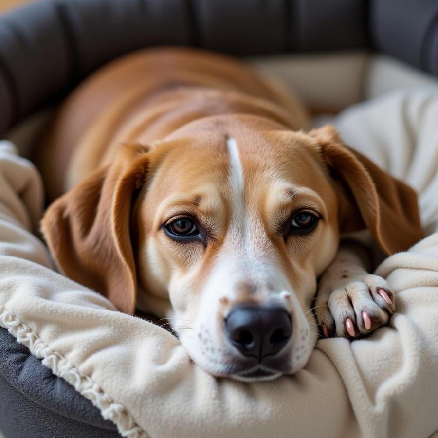 Dog lying down in bed, relaxing