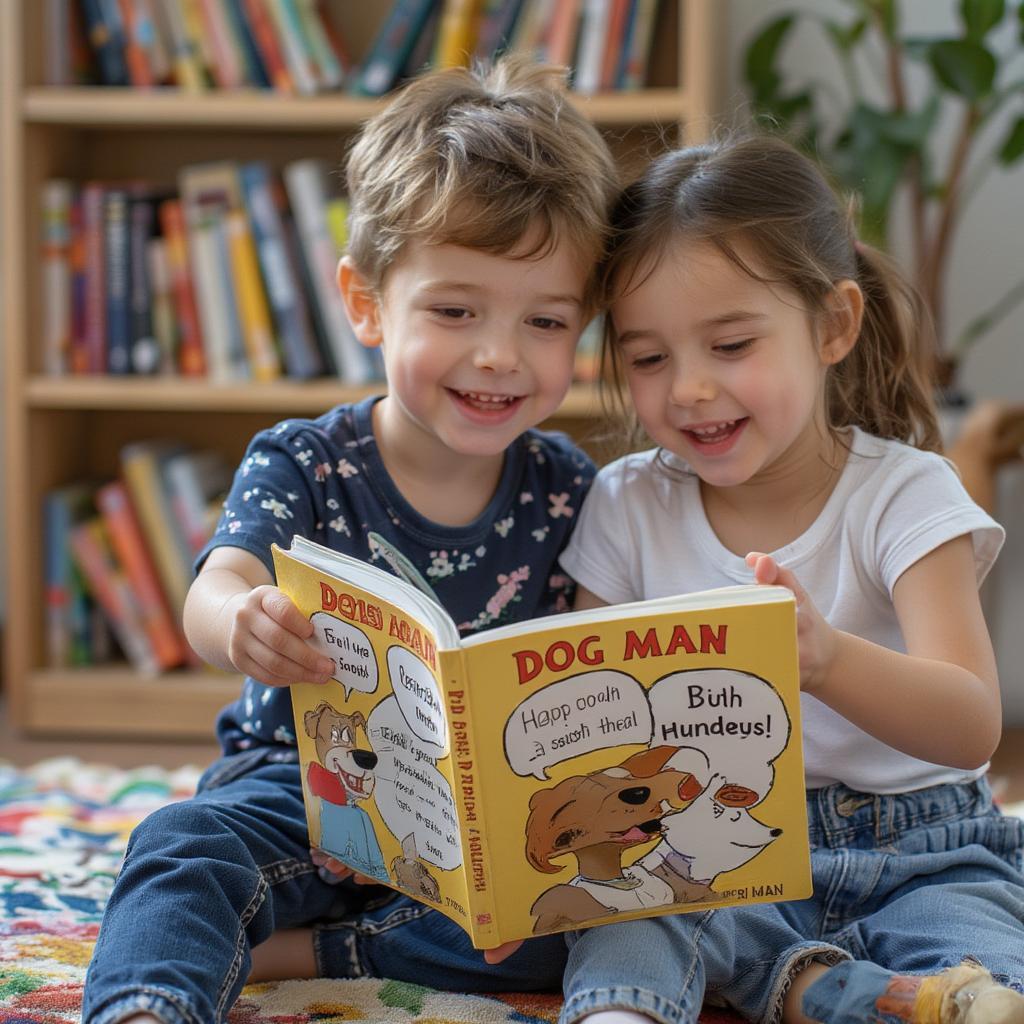 Children Reading Dog Man Graphic Novel with Smiles