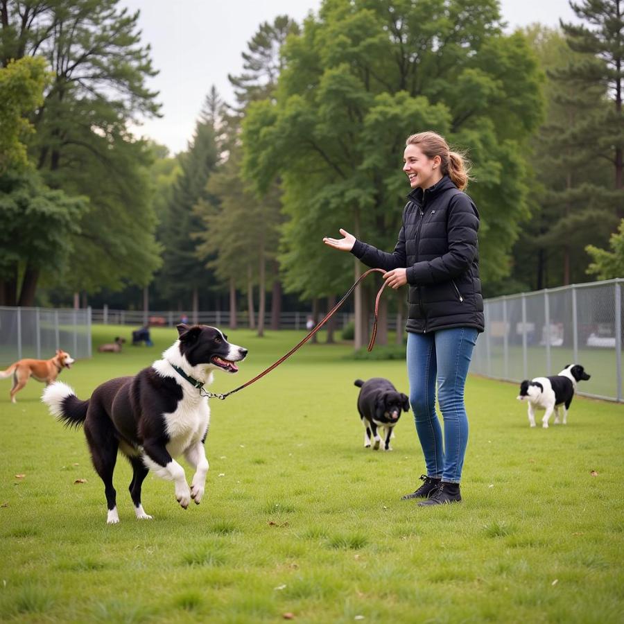 Off-leash dog running to owner in a park