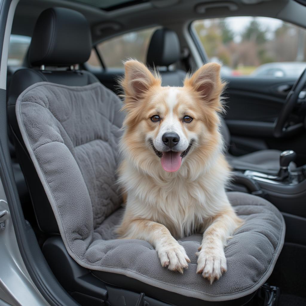 A Comfortable Dog on a Grey Fluffy Car Seat Cover