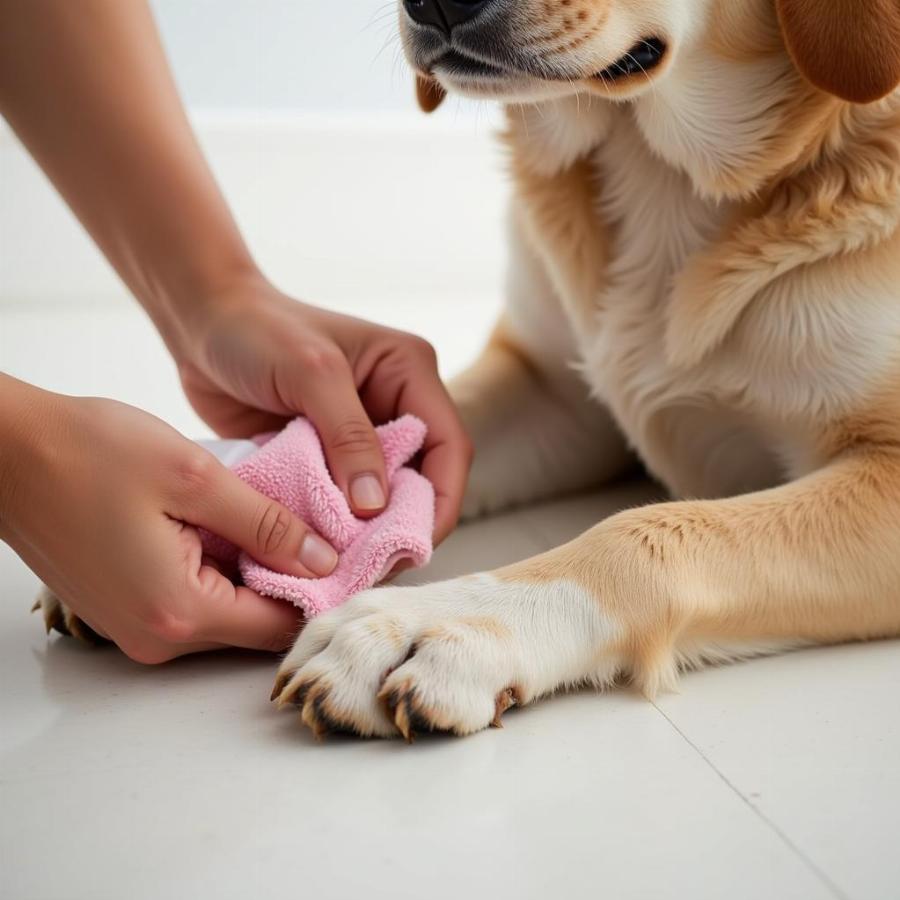 Dog owner cleaning dog's paws as part of a care routine