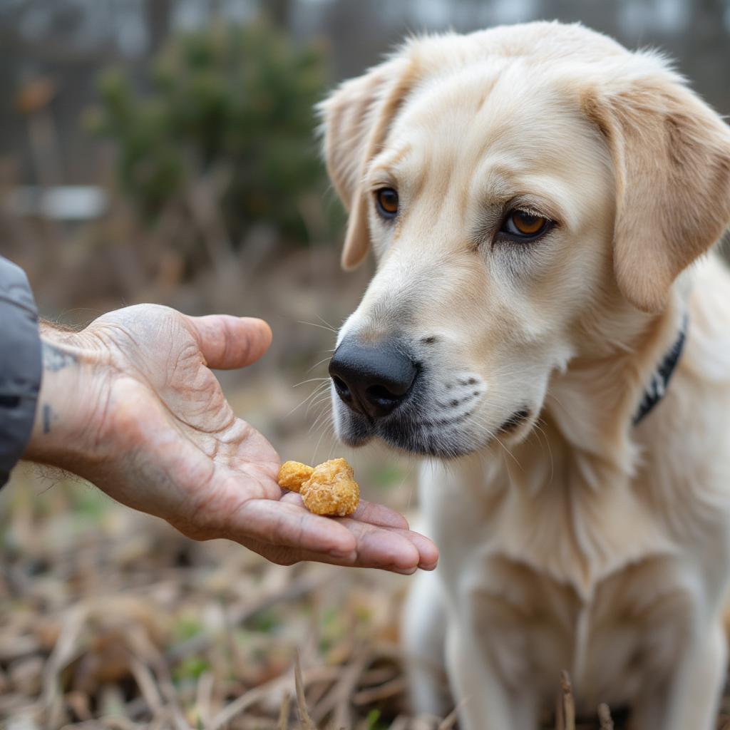 Dog successfully performing the 'leave it' command.