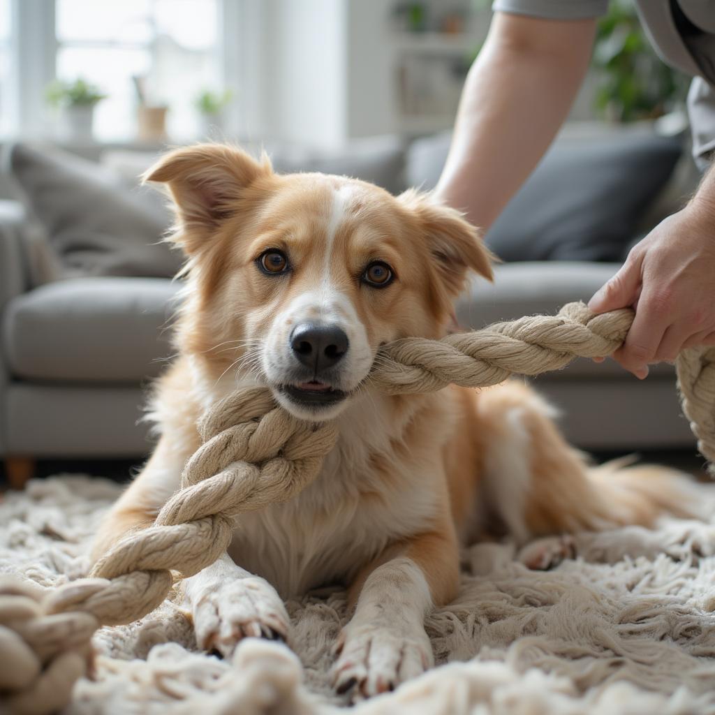 Dog playing with a rope toy in the living room.