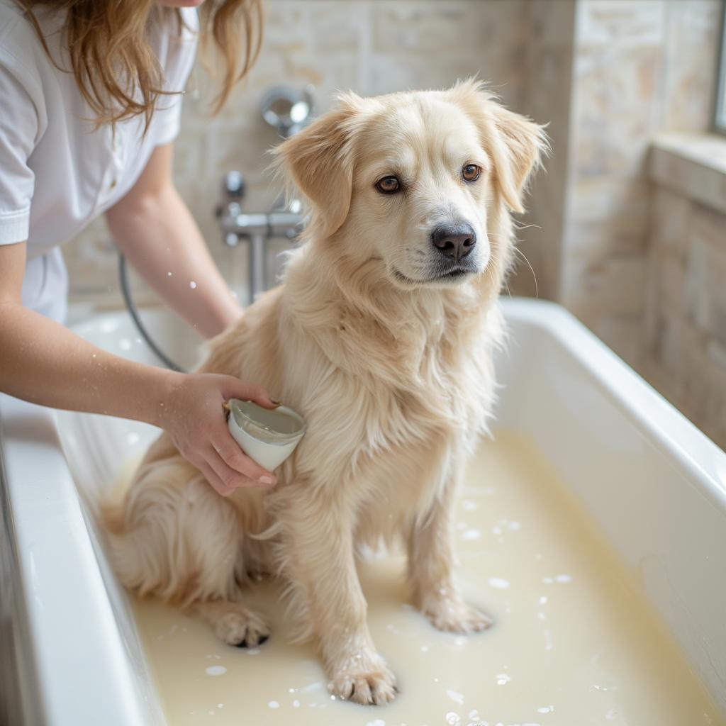 Dog receiving an oatmeal bath for skin irritation