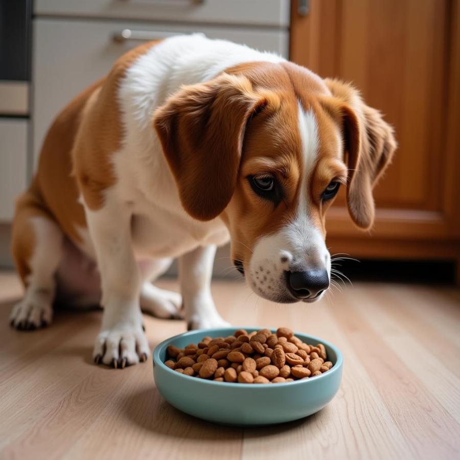 Dog refusing to eat from its bowl, showing signs of loss of appetite.