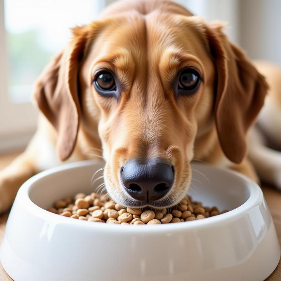 Dog taking probiotics mixed with food