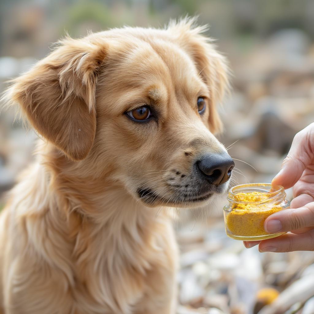 Dog taking turmeric supplement for arthritis relief