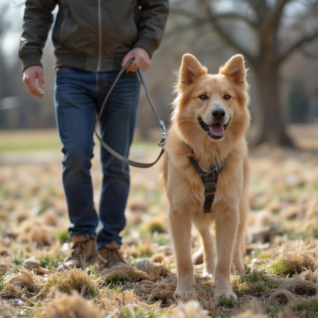 Dog walking calmly on a leash beside its owner