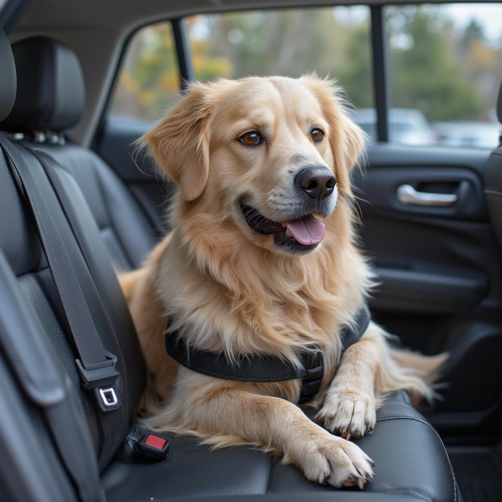 Dog wearing an easy rider seat belt in a car, looking comfortable and secure