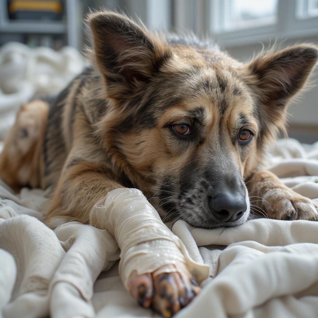 Dog with bandaged paw after injury treatment