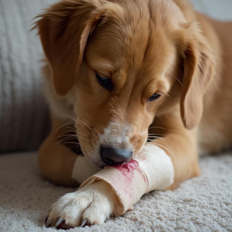 Dog with injured paw being licked