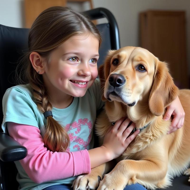 Ellie, a Golden Retriever service dog, comforts Maya.