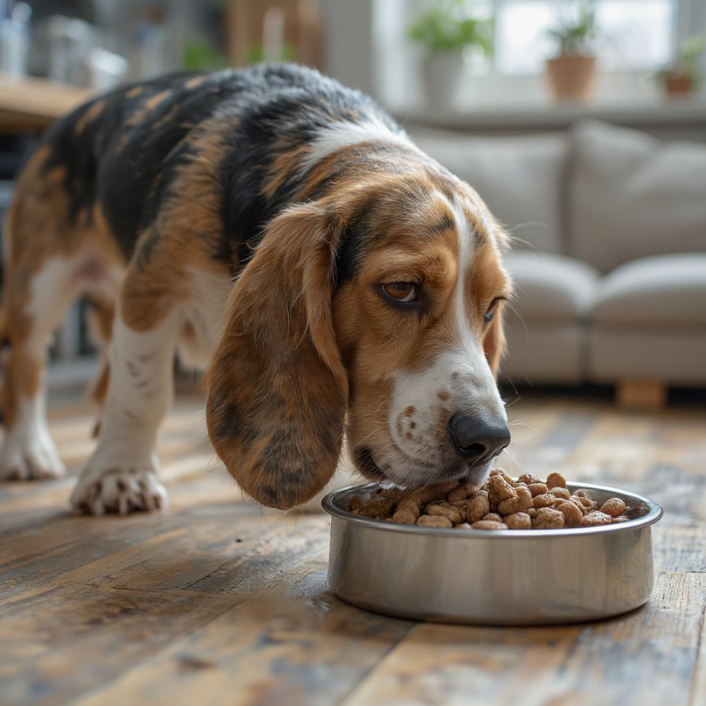 English Basset Hound enjoying a healthy meal from a dog bowl