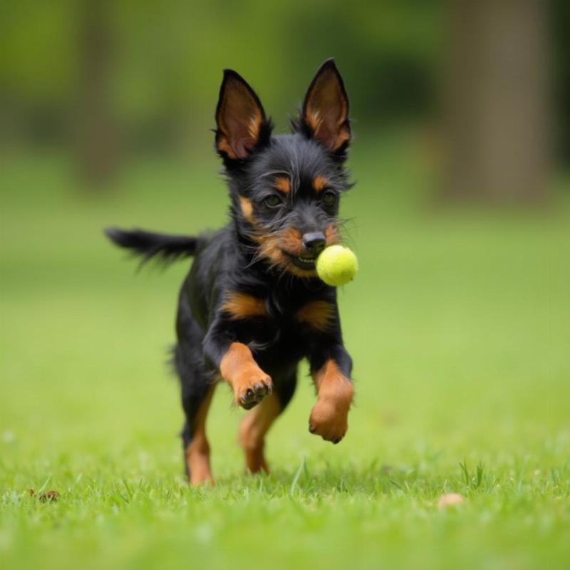 English Toy Terrier playing fetch in a park