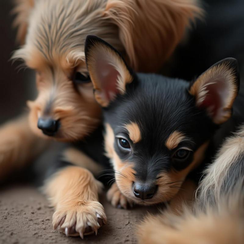 English Toy Terrier puppy cuddling with its mother